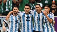 Pemain depan Argentina, Lionel Messi, Lautaro Martinez dan Di Maria berselebrasi usai Nahuel Molina mencetak gol ke gawang Belanda. (beritdetik.id).