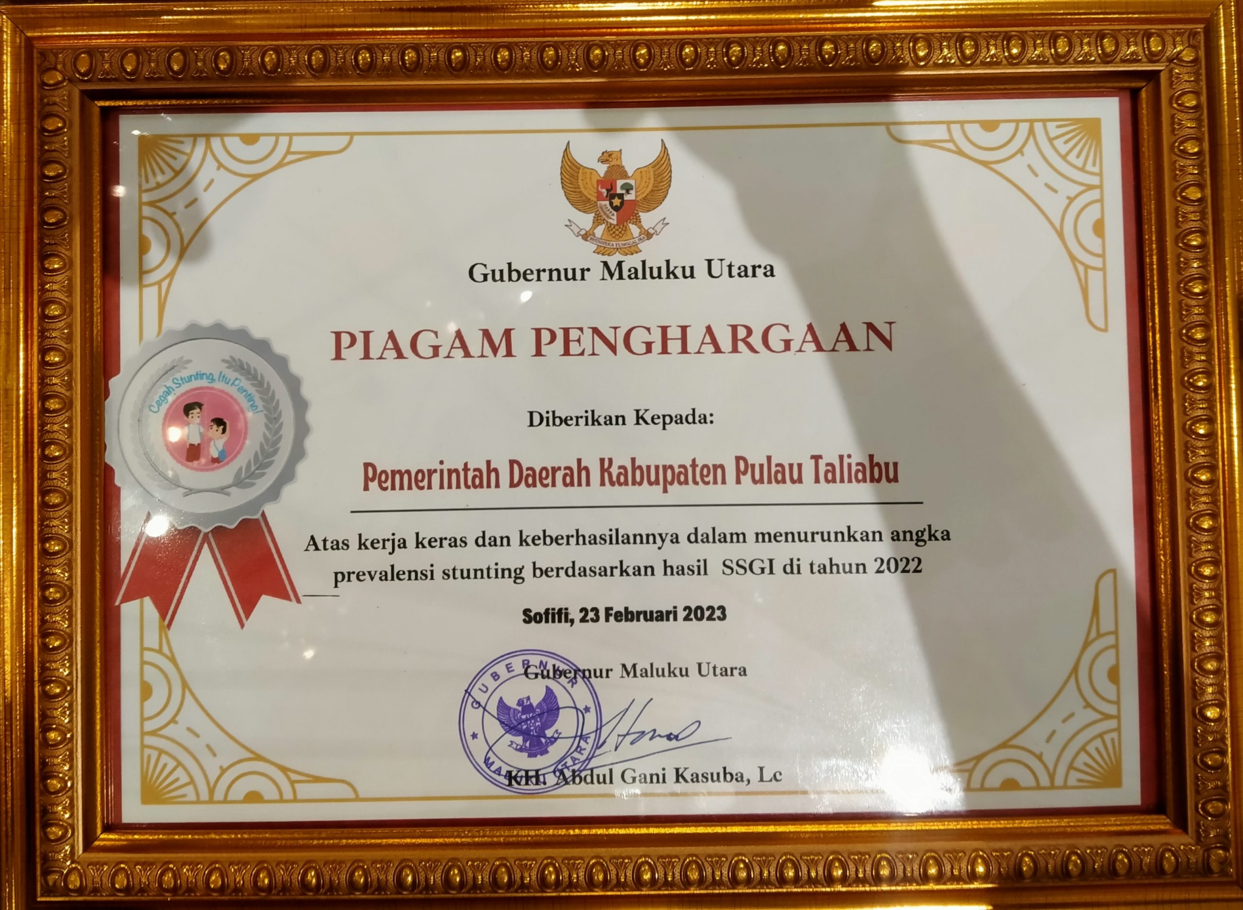 Piagam penghargaan yang diterima oleh Koordinator Tim Percepatan Penaganan Stunting (TPPS) Pulau Taliabu, Ramli, pada Kamis 23 Februari 2023.(Foto : Beritadetik.id).