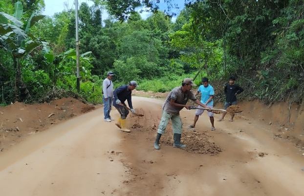 Kabid Bina Marga Sudarman saat dampingi Staf Dinas PUPR Taliabu melakukan pembersihan ruas jalan di Desa Tikong, Kecamatan Taliabu Barat, Pulau Taliabu. (istimewa).