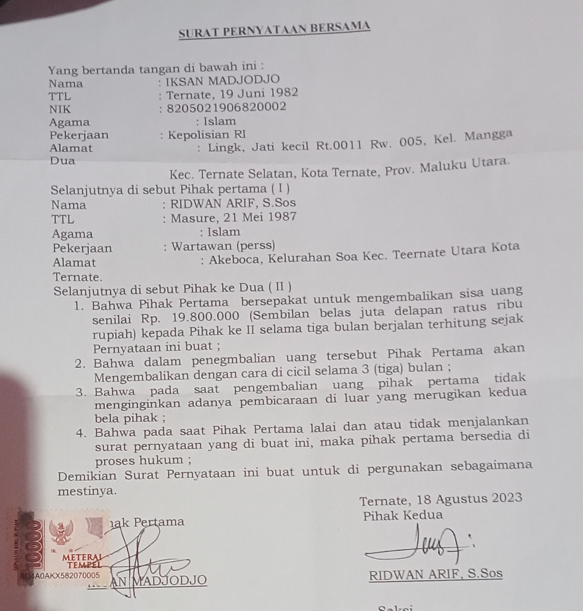 Surat pernyataan kedua yang ditanda tangani oknum polisi Iksan Madjojo melalui kuasa hukumnya untuk melakukan pengembalian uang milik Ridwan.