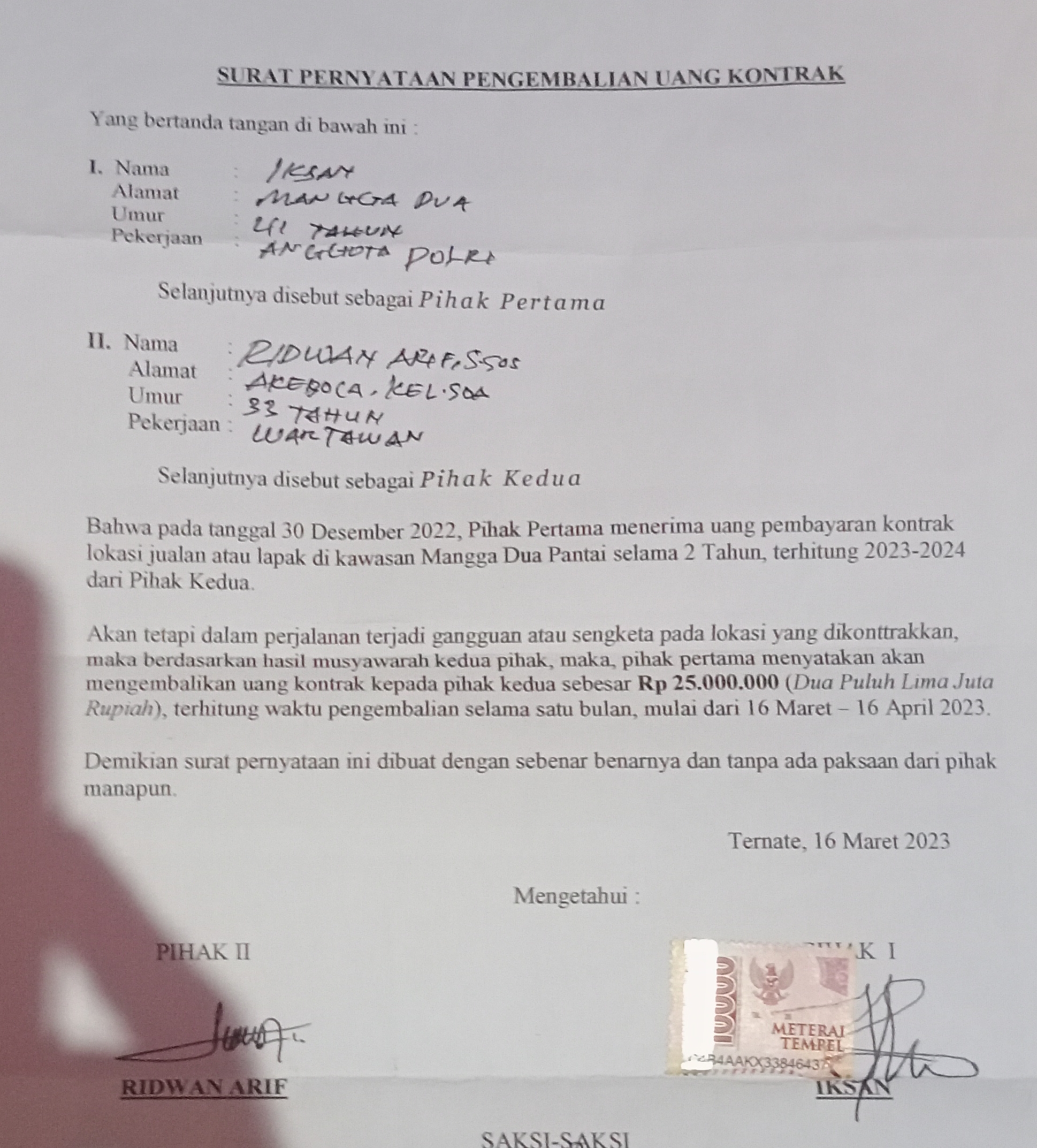 Surat pernyataan pertama yang ditanda tangani oknum polisi Iksan Madjojo untuk melakukan pengembalian uang.