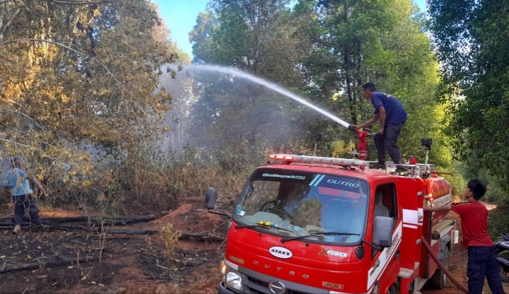 Satpol-PP dan Pemadam Kebakaran saat memadamkan api di kebun cengkih milih warga di Kecamatan Taliabu Barat, Jumat 9 Februari 2024.(Istimewa).