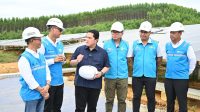 Menteri BUMN Erick Thohir diskusi bersama Direktur Utama PLN Darmawan Prasodjo saat mengunjungi pembangkit listrik tenaga surya (PLTS) Ibu Kota Nusantara (IKN), di Penajam Paser Utara, Kalimantan Timur, Sabtu (29/6).